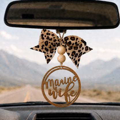USMC, Marine Wife Rear View Mirror Charm, Military Spouse Car Accessory, Wooden Car Charm