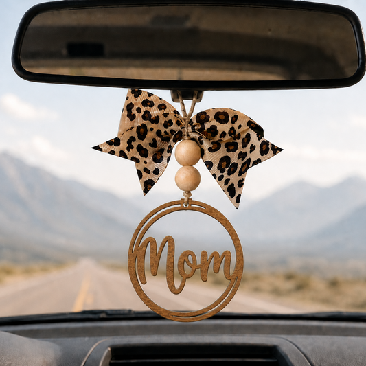 Personalized Mom Rear View Mirror Charm – Wooden Mom Car Charm with Leopard Bow, Mom Gift, Mother’s Day Gift, Rearview Mirror Decor