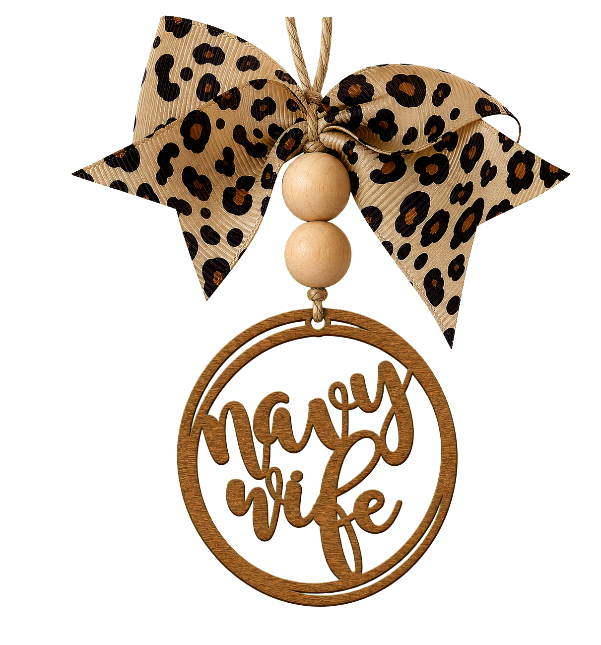 Navy Wife Wooden Rear view Mirror Charm | Military Spouse Car Accessory Gift with Leopard Bow