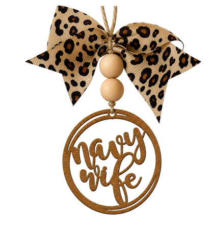 Navy Wife Wooden Rear view Mirror Charm | Military Spouse Car Accessory Gift with Leopard Bow