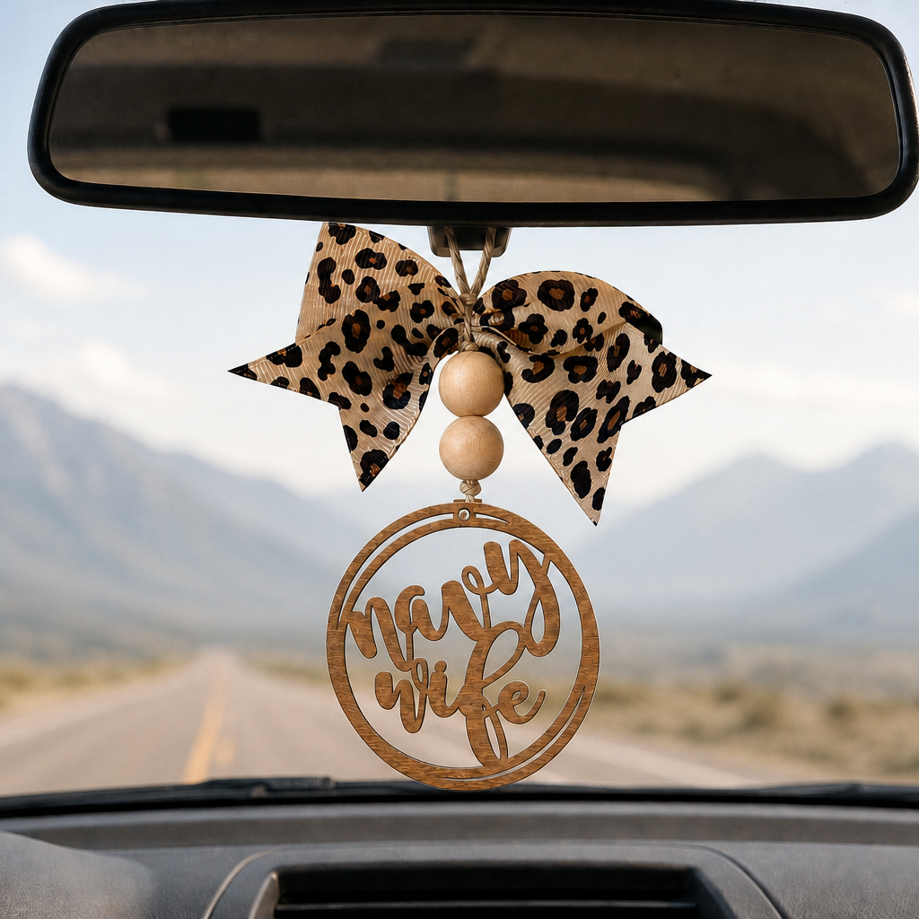 Navy Wife Wooden Rear view Mirror Charm | Military Spouse Car Accessory Gift with Leopard Bow