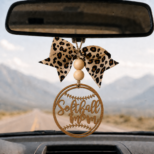 Softball Mom Wooden Rear view Mirror Charm | Softball Car Accessory Gift with Leopard Bow
