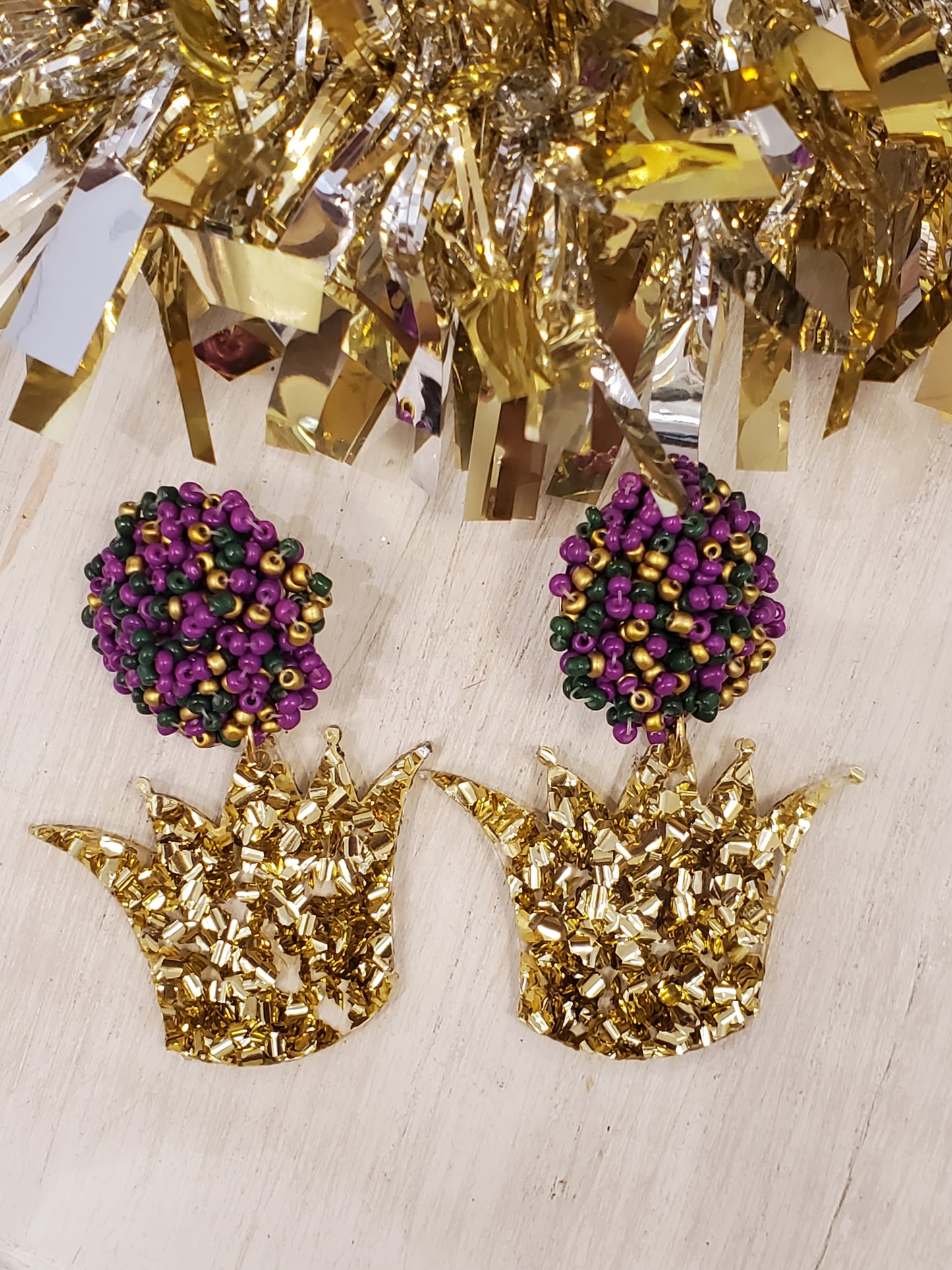 Crown Glitter Acrylic Earrings Seed Bead Top