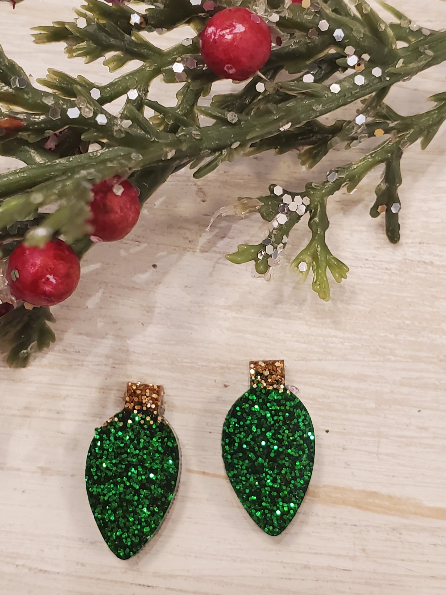 Handmade resin and glitter Christmas Light Bulb Green earrings small studs