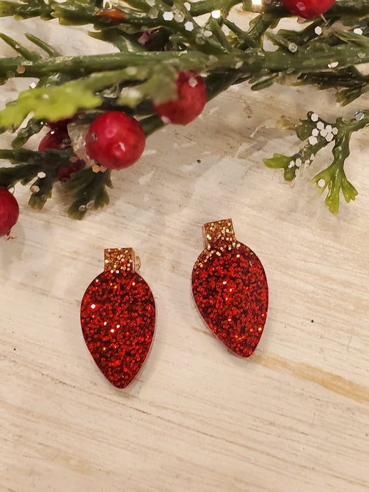 Handmade resin and glitter Christmas Light Bulb Red earrings small studs