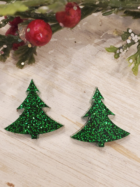 Handmade resin and glitter Christmas Tree Green earrings small studs