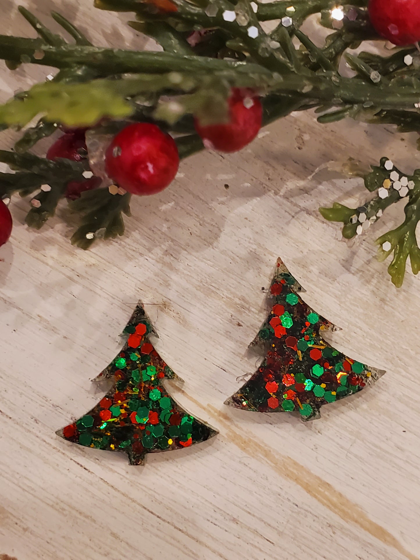 Handmade resin and glitter Christmas Tree Green/Red  earrings small studs
