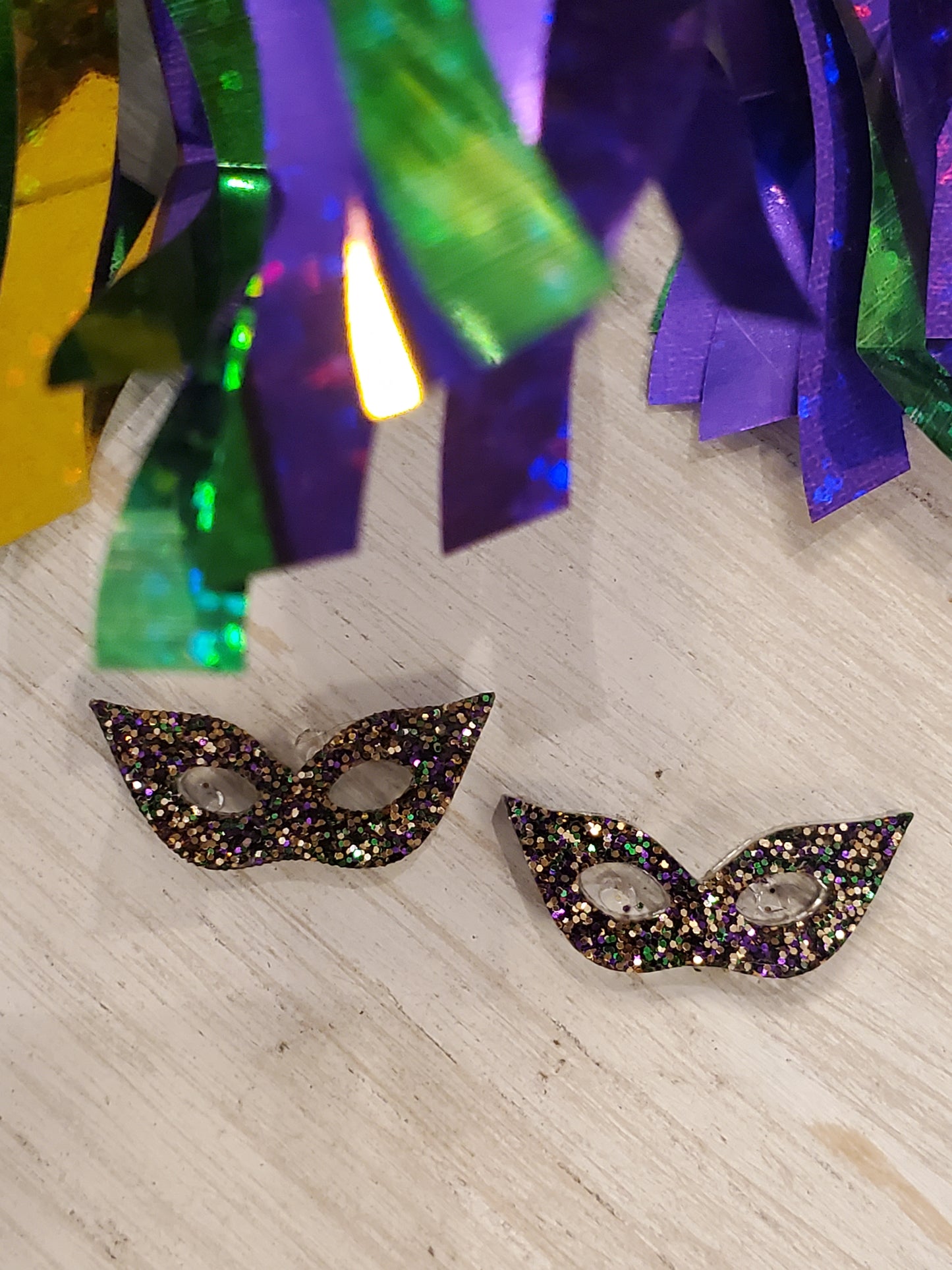 Handmade resin and glitter Mardi Gras Mask earrings small studs