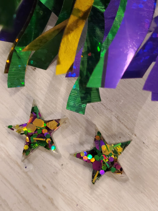 Handmade resin and glitter Mardi Gras Stars earrings small studs