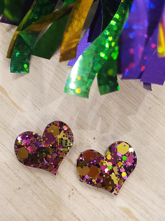 Handmade resin and glitter Mardi Gras Heart earrings small studs