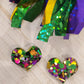 Handmade resin and glitter Mardi Gras Heart earrings small studs
