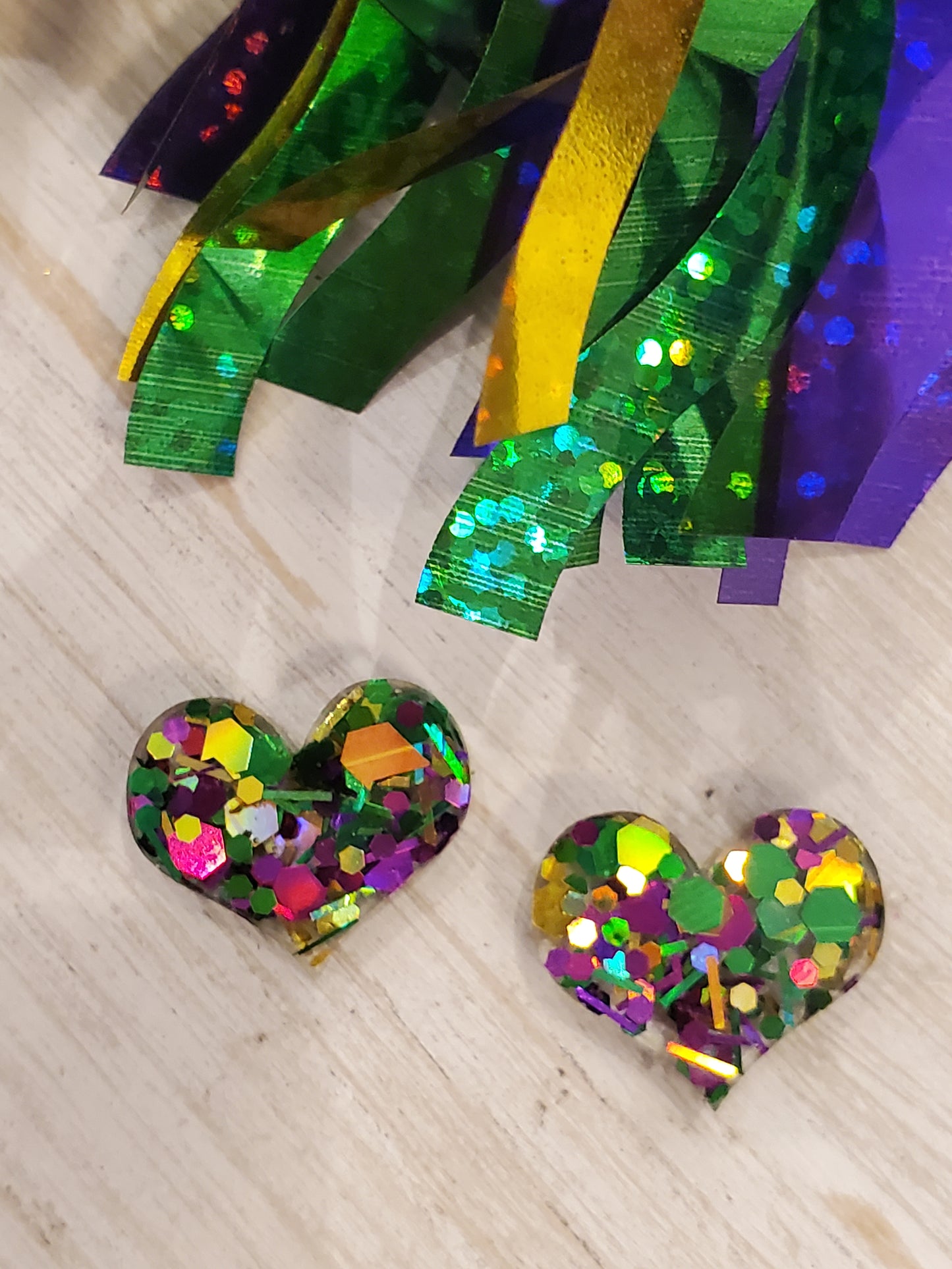 Handmade resin and glitter Mardi Gras Heart earrings small studs