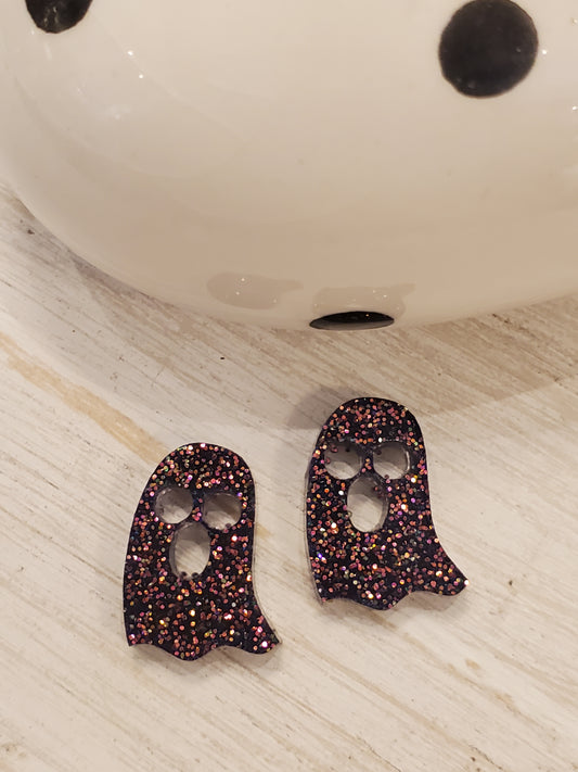 Handmade resin and glitter Ghosts Black Purple earrings small studs