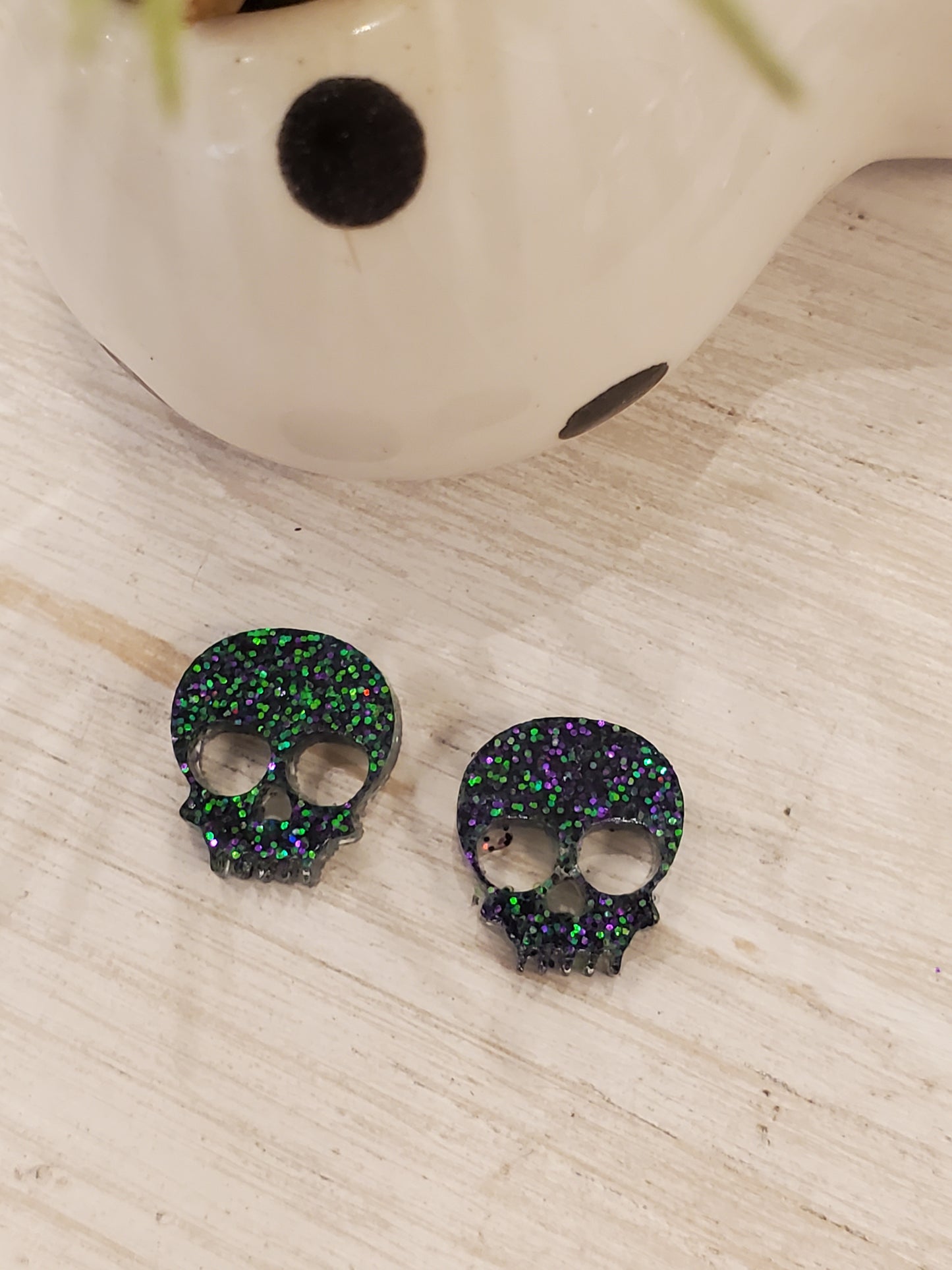 Handmade resin and glitter Skull purple/green earrings small studs