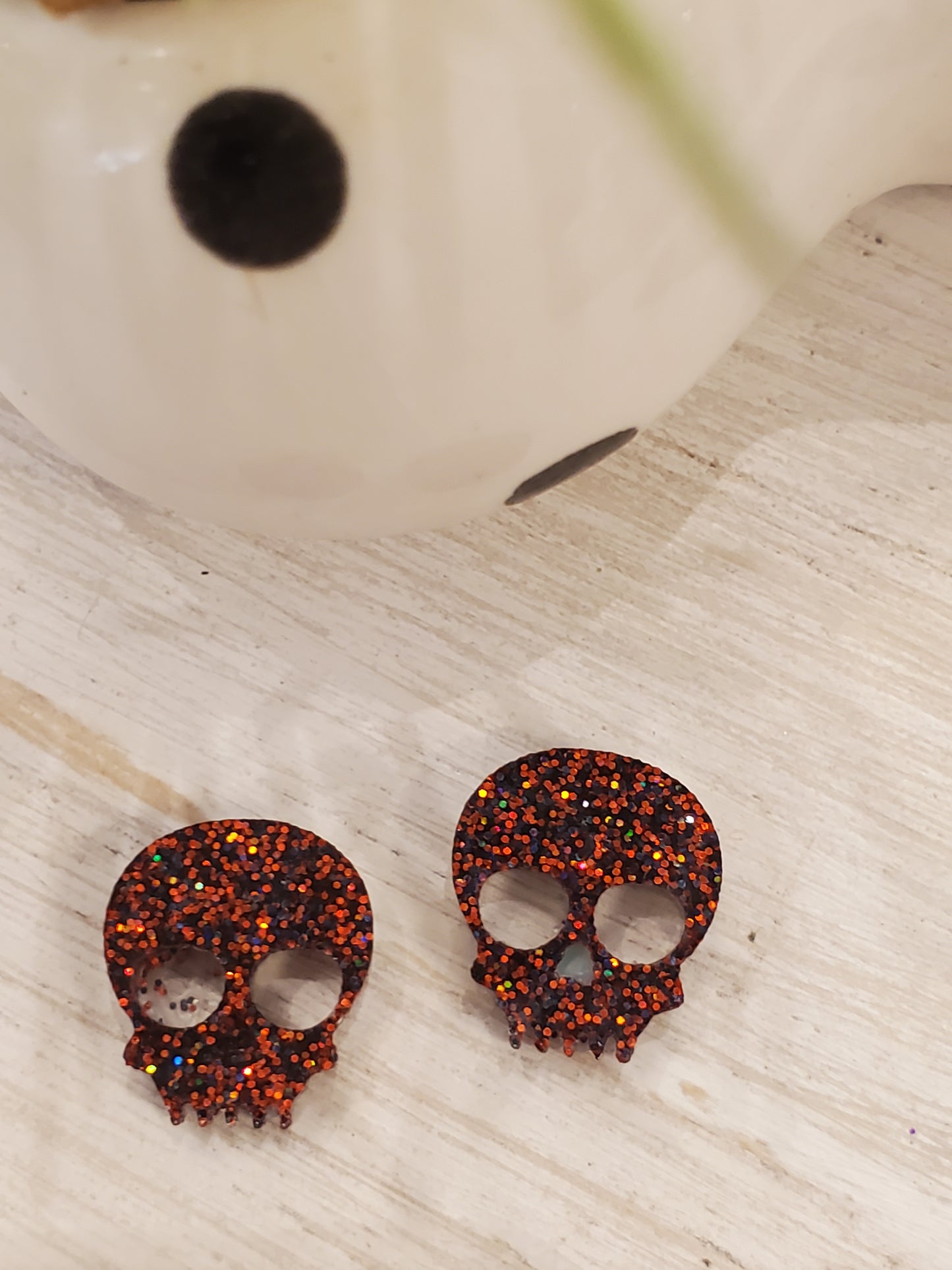 Handmade resin and glitter Skull Orange earrings small studs