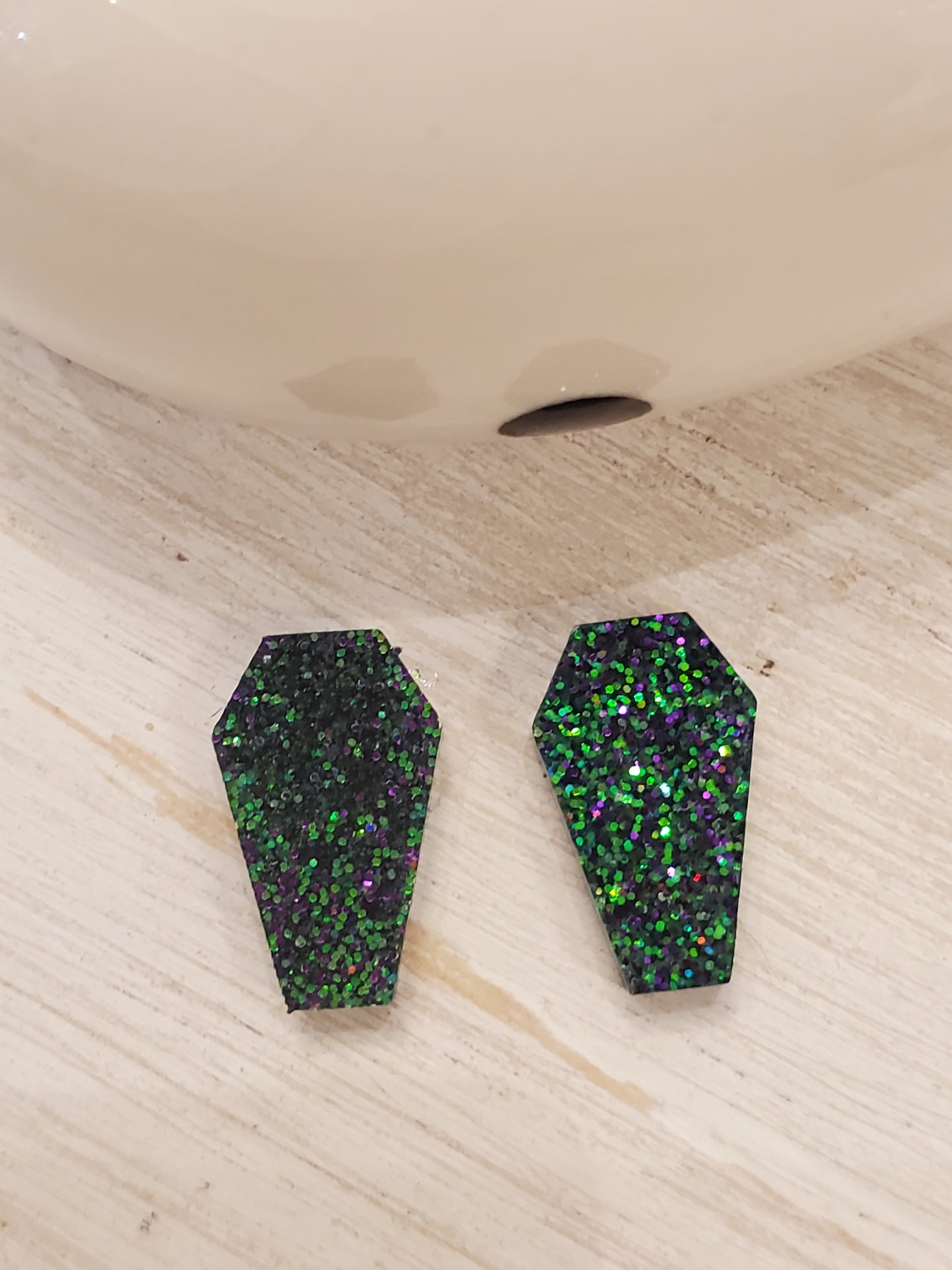 Handmade resin and glitter Coffin green/purple earrings small studs