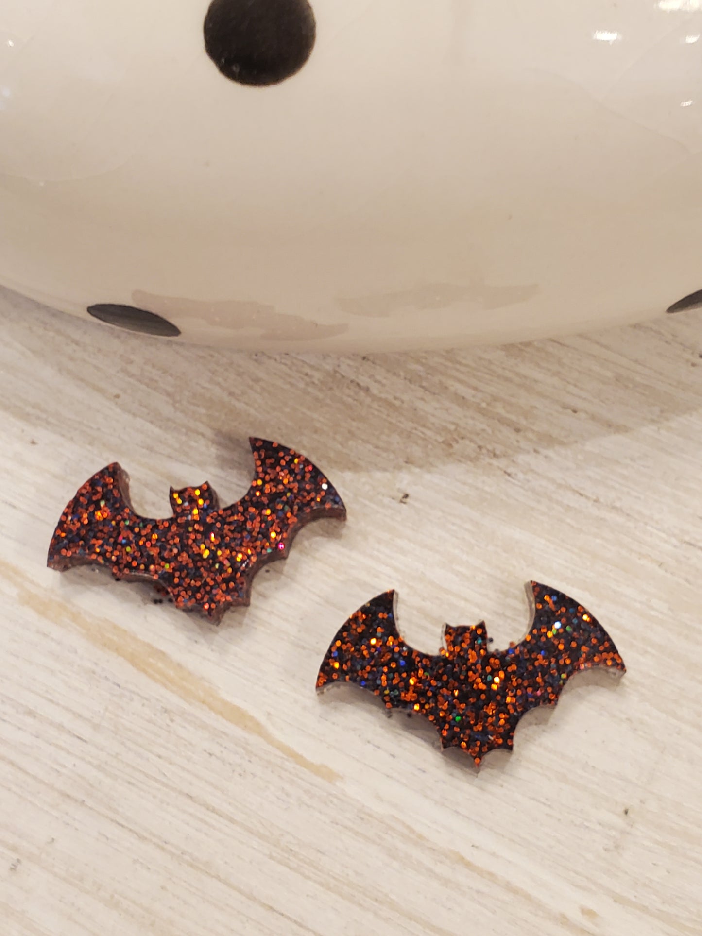 Handmade resin and glitter Bats Orange earrings small studs