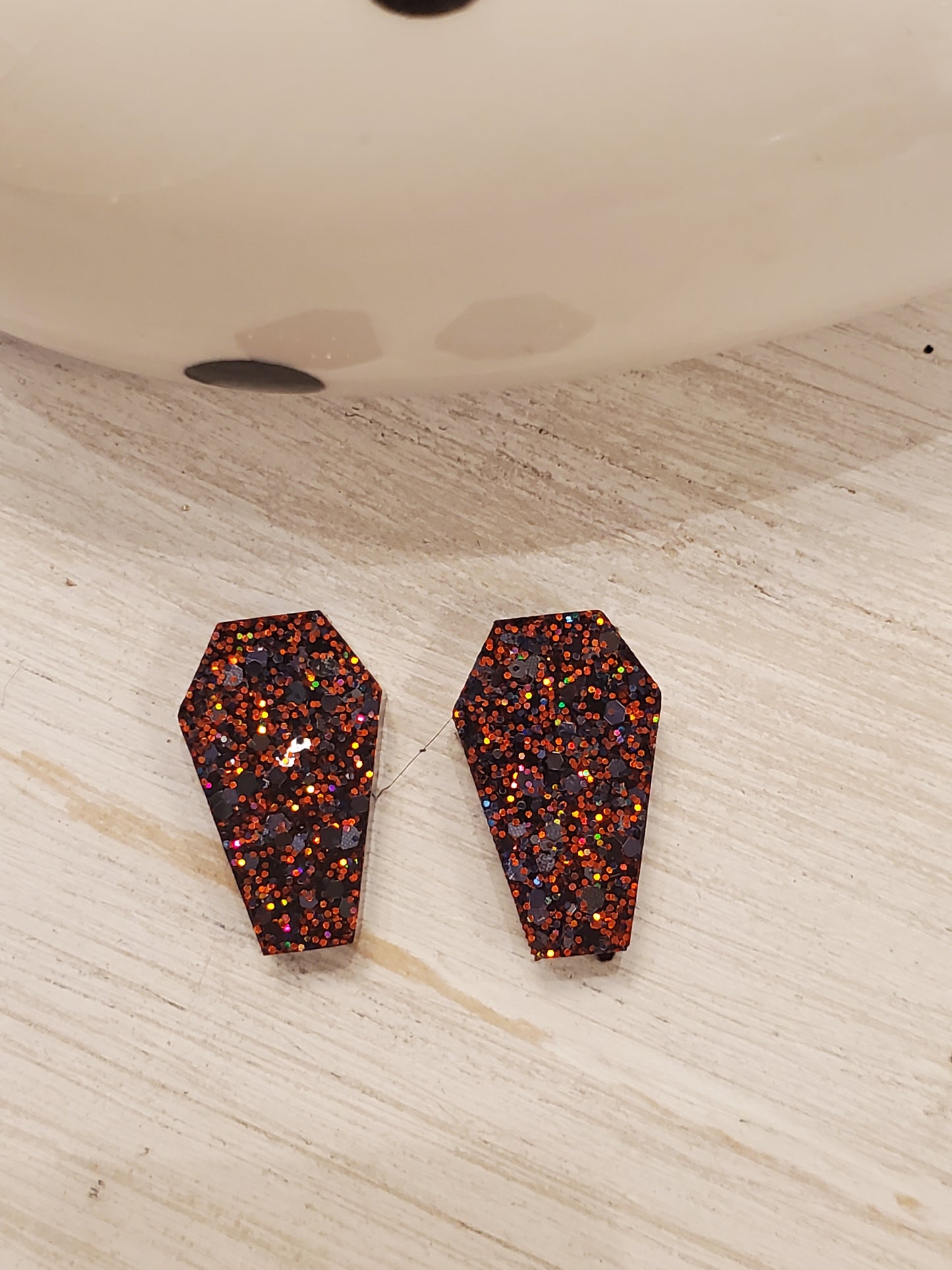 Handmade resin and glitter Coffin Orange earrings small studs
