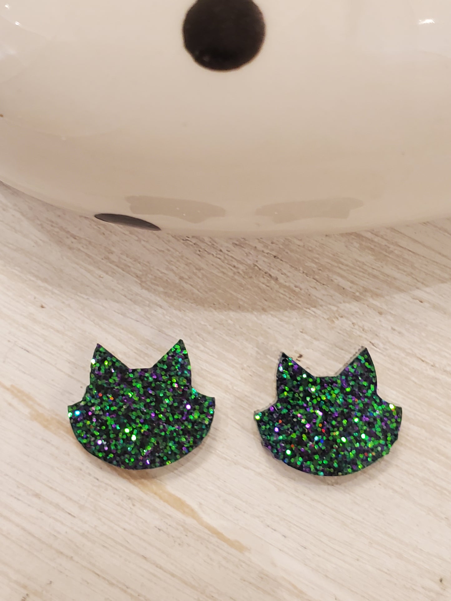 Handmade resin and glitter Cat Green Earrings small studs