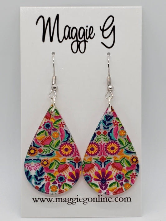 Mexican Floral Earrings/  Vibrant Floral Color Earrings/  Teardrop Floral Earrings