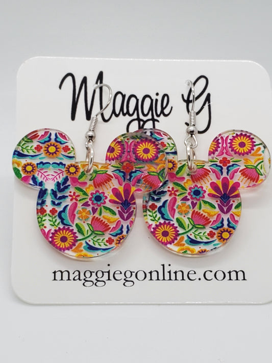 Mouse Head / Mexican Floral Acrylic Earrings