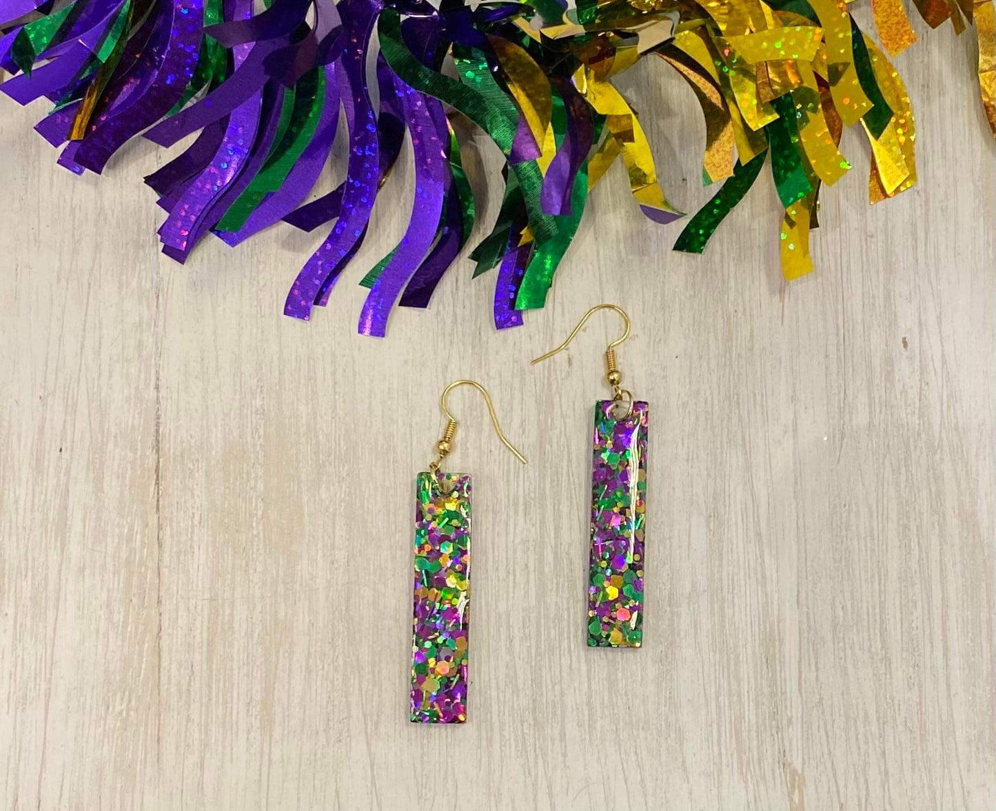 Mardi Gras Stick earring / Handmade resin and glitter  earrings