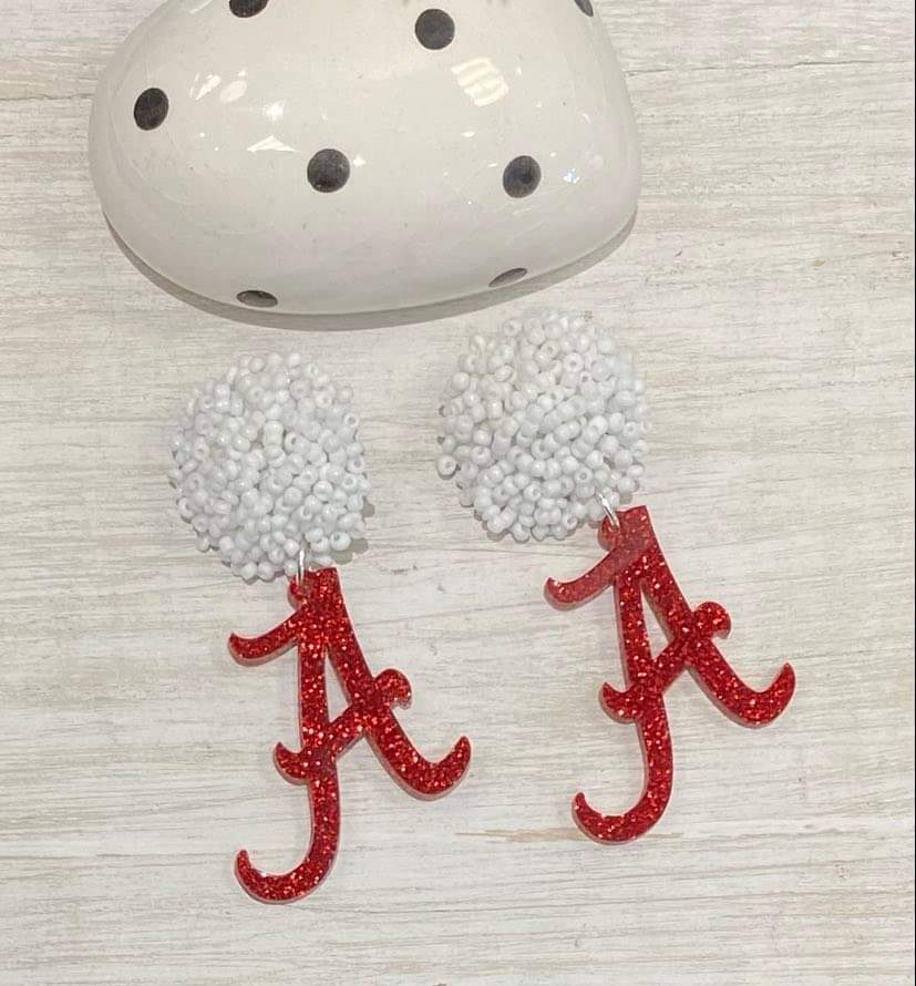 Game Day Statement Earring / College / School Spirit Mascot Earring / Alabama Team Earrings, Bead Top Football Earrings,