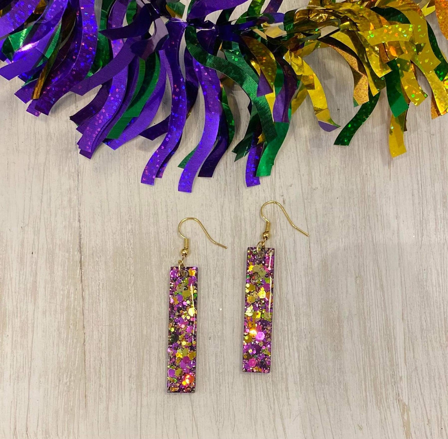 Mardi Gras Bar earring / Handmade resin and glitter  earrings